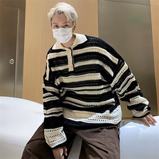 美式复古彩色翻领针织衫男女新款镂空长袖条纹上衣潮MY216-P40，男装针织衫/毛衣，星座1109-3