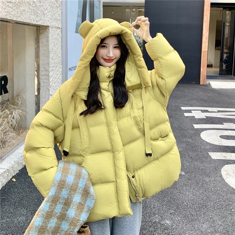 黄色连帽泡芙90绒羽绒服女2025冬季新款小个子短款加厚白鸭绒外套,女装羽绒服,2C375