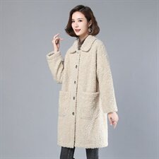 2020新款时尚女装长款翻领仿羊羔毛外套保暖显瘦大衣，女装羊羔毛/颗粒绒，叶笙衣