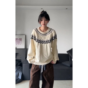 现货A2351P52-圆领软糯毛衣男秋冬穿搭设计感提花针织衫宽松上衣,长的毛衣裙搭配什么鞋图片