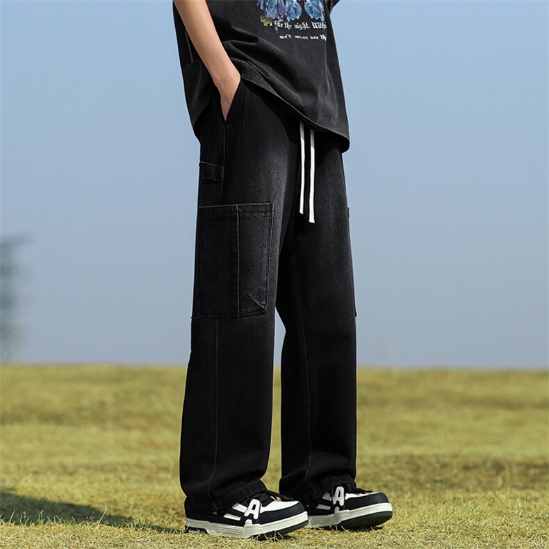 美式高街vibe牛仔裤男女春夏潮牌工装直筒阔腿裤子-BK810-P55烟灰,男装牛仔裤,星座307-3(原516-1)
