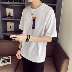 404-T04 2021新款贴标T恤休闲半袖男T短袖男 白色图片