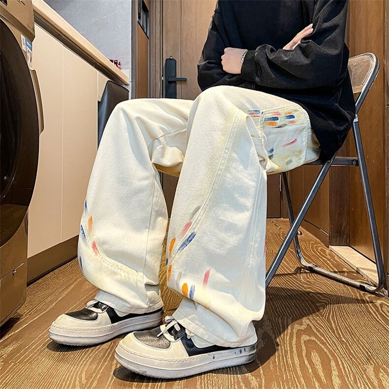 彩绘牛仔裤男高级感痞帅设计感裤子美式弯刀裤XZ201-GJ15P50,男装牛仔裤,星座201