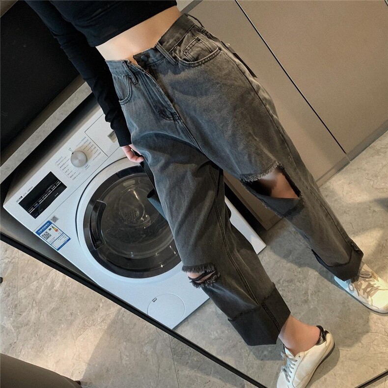 破洞牛仔裤，女装牛仔裤，XTZ style