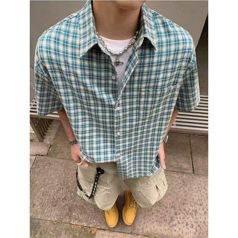 夏季2025新款美式格子短袖衬衫男款宽松防晒衬衣外套 CS50图片