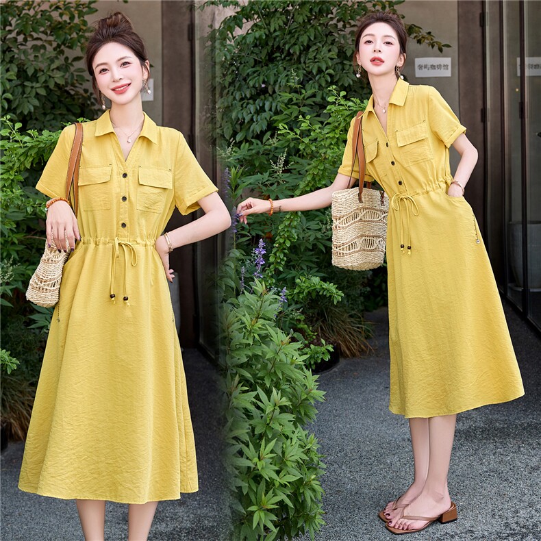 休闲时尚减龄连衣裙女中长款2025夏新款系带收腰显瘦polo领衬衫裙，女装连衣裙，意芙