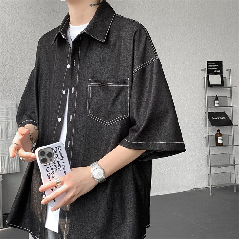 8XL-M冰丝牛仔短袖衬衫男款夏季薄款宽松慵懒衬衣外套DC28006P60,男装T恤,电商B312