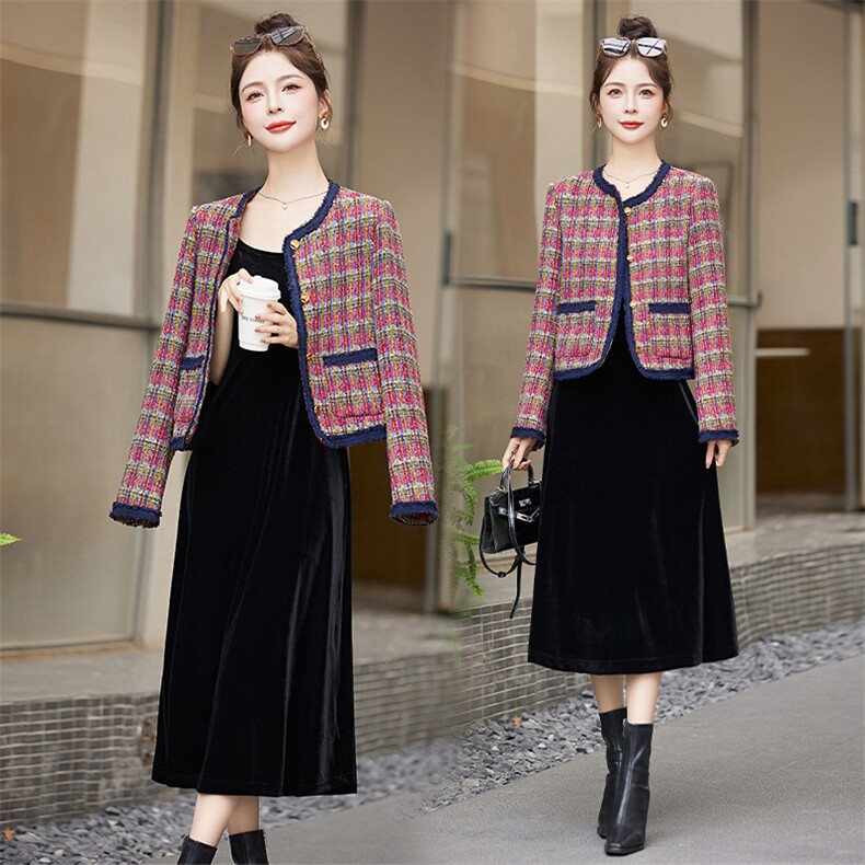 时尚小香风气质两件套连衣裙优雅显瘦长袖外套女秋冬季新款,女装套装/套裙,布芭啦