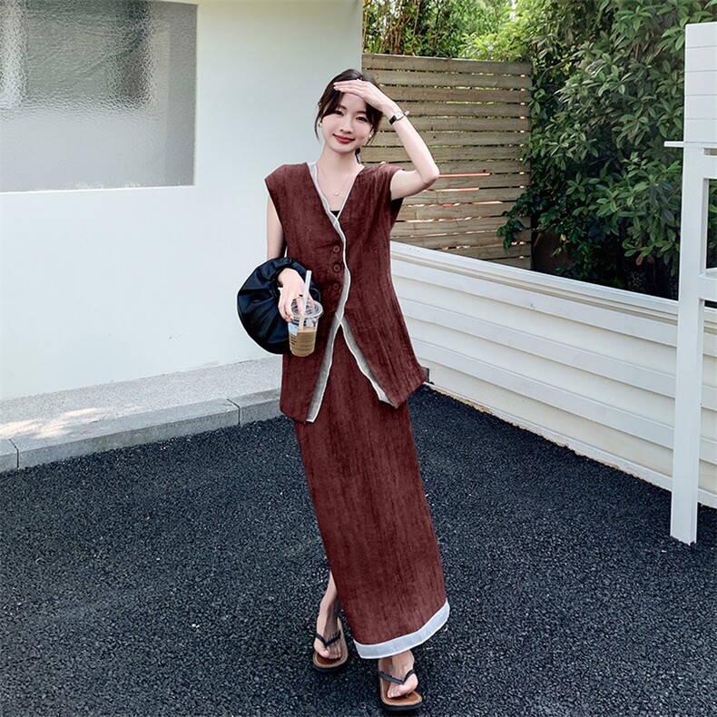 【现货新品】法式白边扎染气质无袖马甲半裙套装F533-P165-K228，女装套装/套裙，2C255