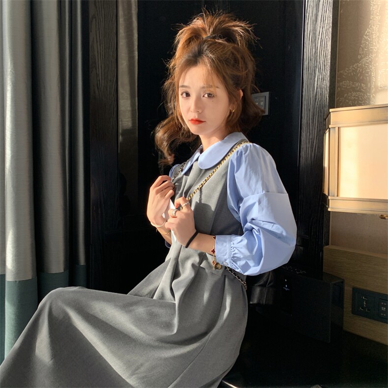 拼色假两件长袖连衣裙女早秋季2025新款法式学院风减龄显瘦长裙子，女装连衣裙，帛香坊