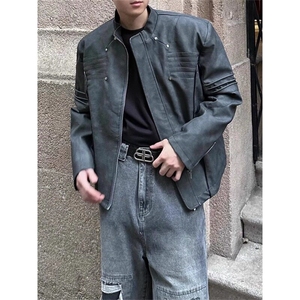 美式复古做旧高街垫肩pu皮衣外套街头机车服立领夹克 JKT88 特P83图片