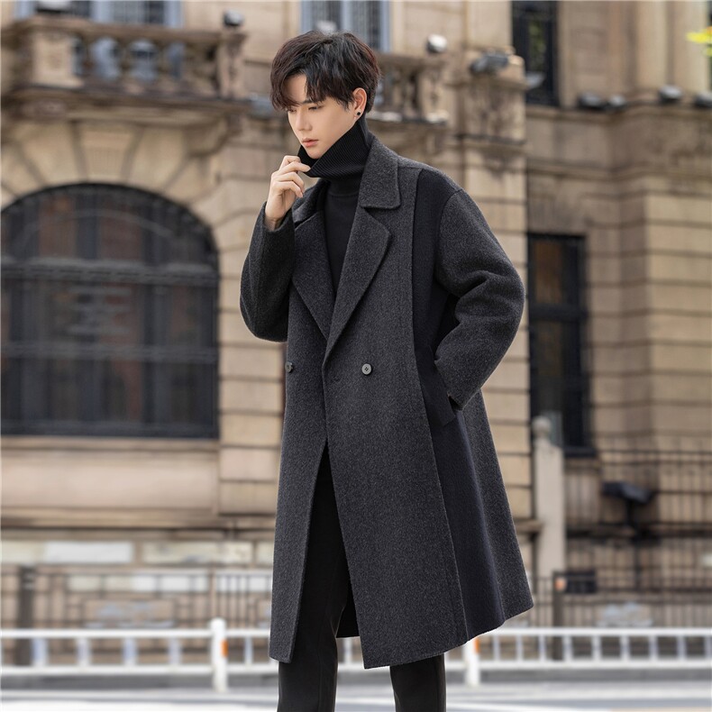 全羊毛呢子大衣男风衣长款冬厚双面毛呢外套拼接AC6686-P420，男装风衣，电商A355（原A415）