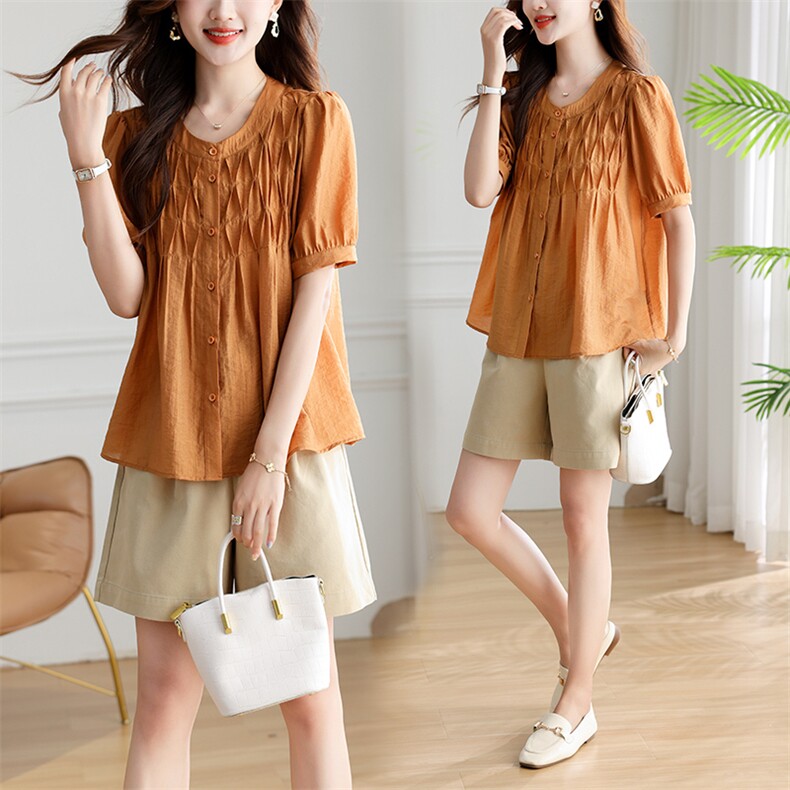 小个子今年流行穿搭套装女2024夏季减龄泡泡袖褶纹衬衫短裤两件套，女装套装/套裙，深水步