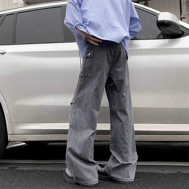 美式水洗做旧工装牛仔裤男女春季宽松直筒裤口袋伞兵裤NZ107-P60，男装牛仔裤，星座308B-2