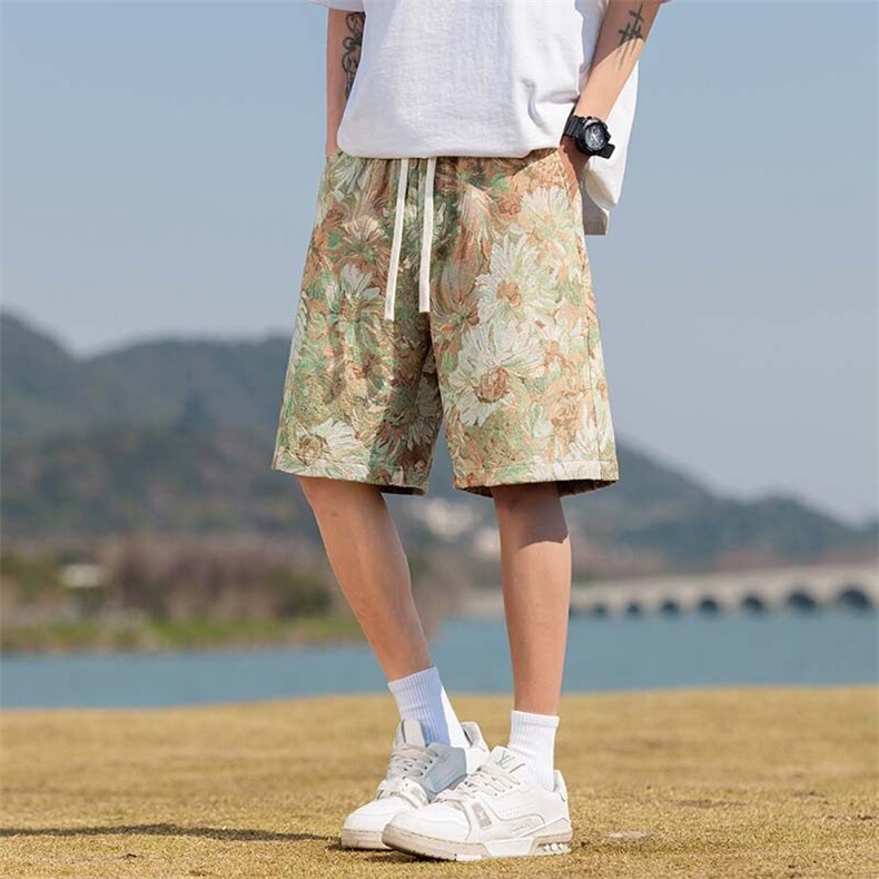 牛油果绿针织运动短裤男款夏季民族风沙滩五分裤子夏威夷薄款中裤,男装牛仔裤,星座209-1
