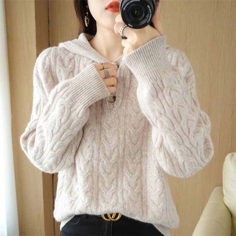 2026年秋季新款大麻花针织帽衫休闲百搭时尚，女装针织衫/毛衣，奢优羊绒