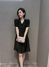 新款洋气V领蝴蝶结扣连衣裙，女装连衣裙，L·H·X