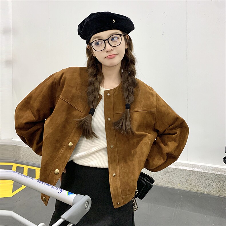 美式复古圆领麂皮夹克外套女2025春秋季新款韩版宽松显瘦短款上衣图片