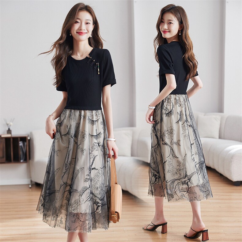 新中式国风连衣裙女夏季小个子收腰遮肚子显瘦网纱拼接假两件裙子，女装连衣裙，布芭啦