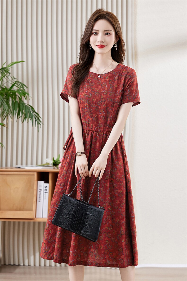 清新绿色碎花棉麻连衣裙女2025夏季新款收腰修身显瘦休闲亚麻裙子,女装连衣裙,倪叶myz