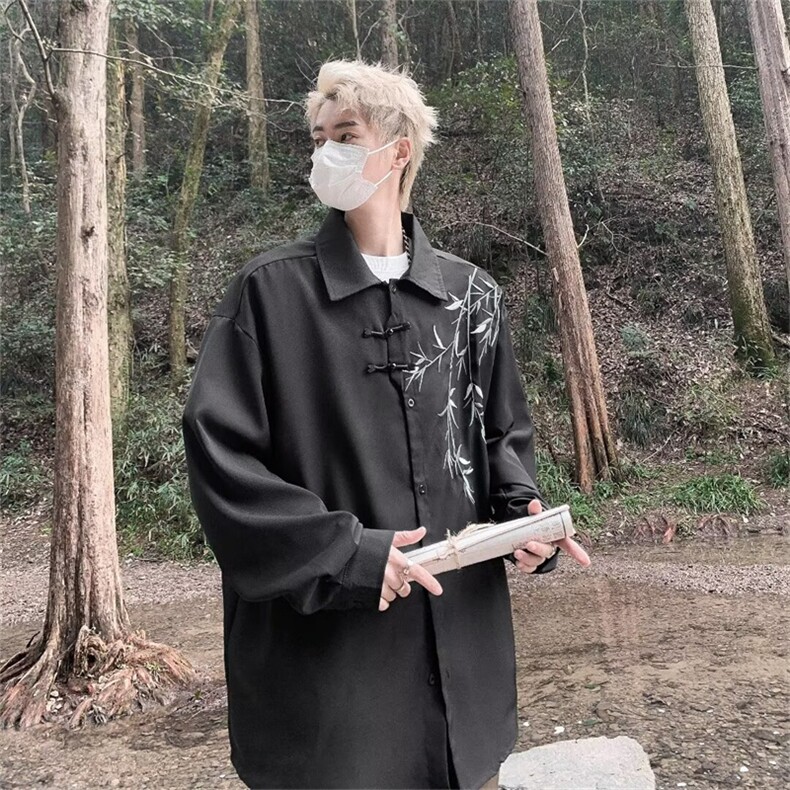 新中式长袖衬衫男款春秋竹子印花唐装汉服宽松休闲外套45339-p45图片