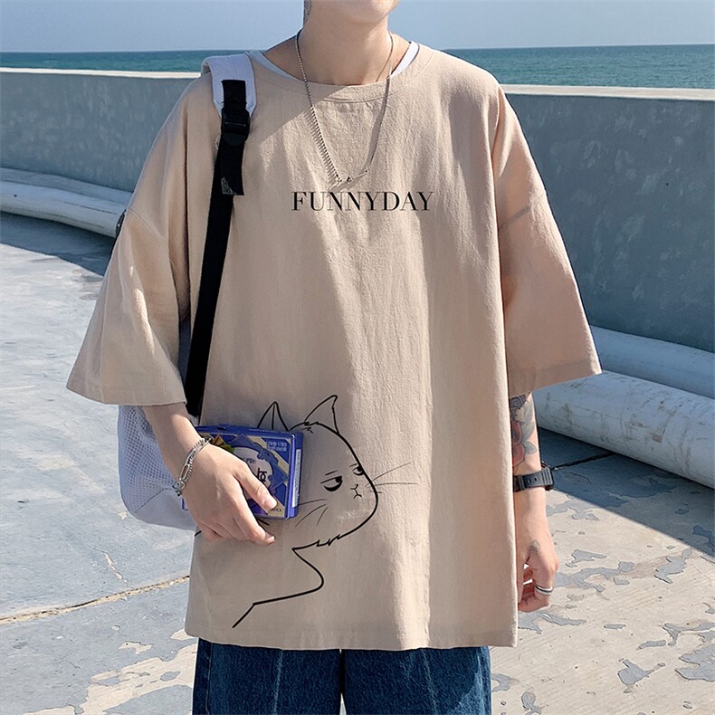 YT26149-P30亚麻短袖t恤男大码五分袖男宽松七分袖港风模特,男装T恤,电商A040