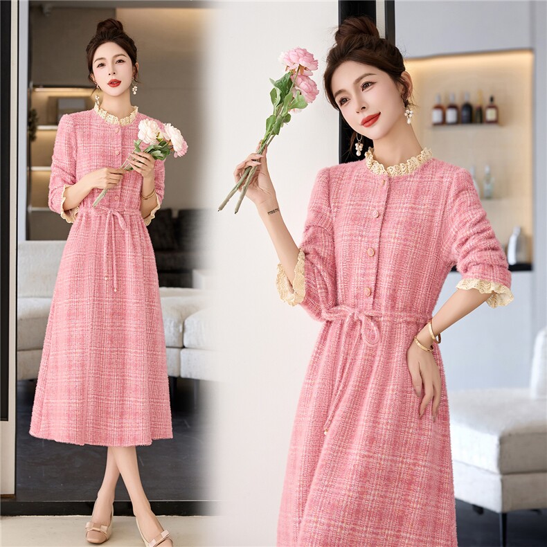 罗得堡2026年春装新款小香风连衣裙气质修身毛呢2602，女装连衣裙，罗得堡