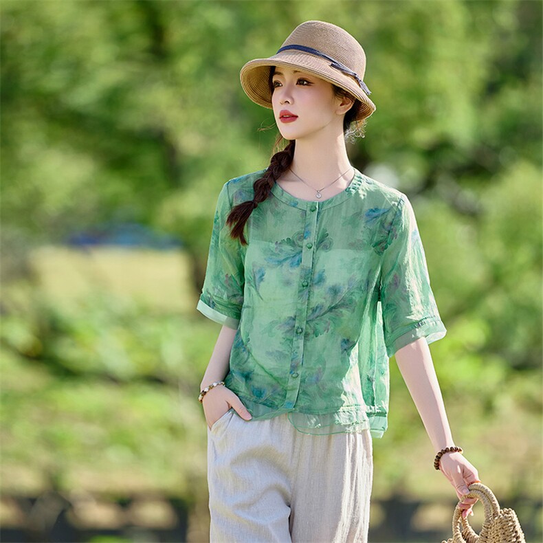 2026年夏季女短袖宽松亲肤透气常规苎麻,女装衬衫,江南依恋