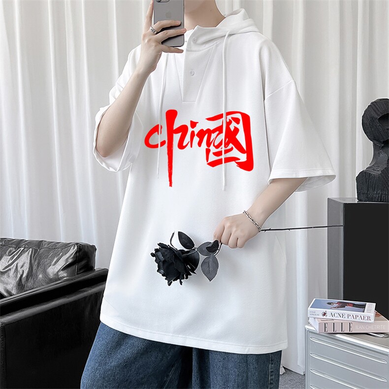LD54199-P45连帽短袖t恤男大码胖子带帽五分袖中袖,男装T恤,电商A040
