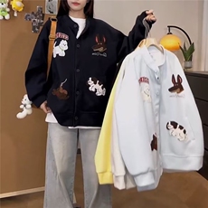 春秋美式复古刺绣小狗宽松棒球服外套男女情侣开衫卫衣GA814P48，女装短外套，星座1013-5