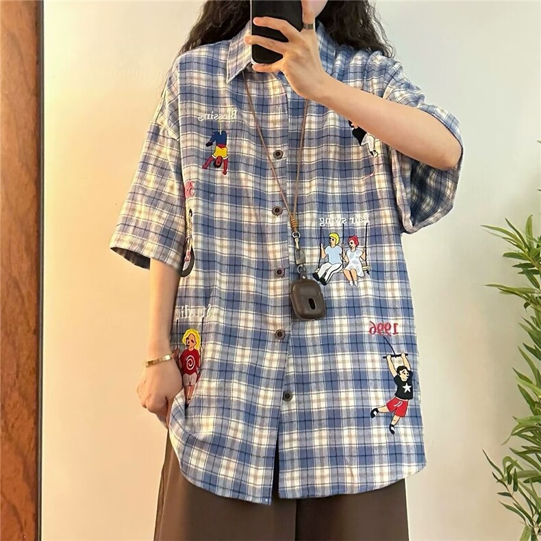 美式复古格子短袖衬衫女刺绣小众设计感上衣夏季学院风衬衣外套,男装T恤,星座1210-1