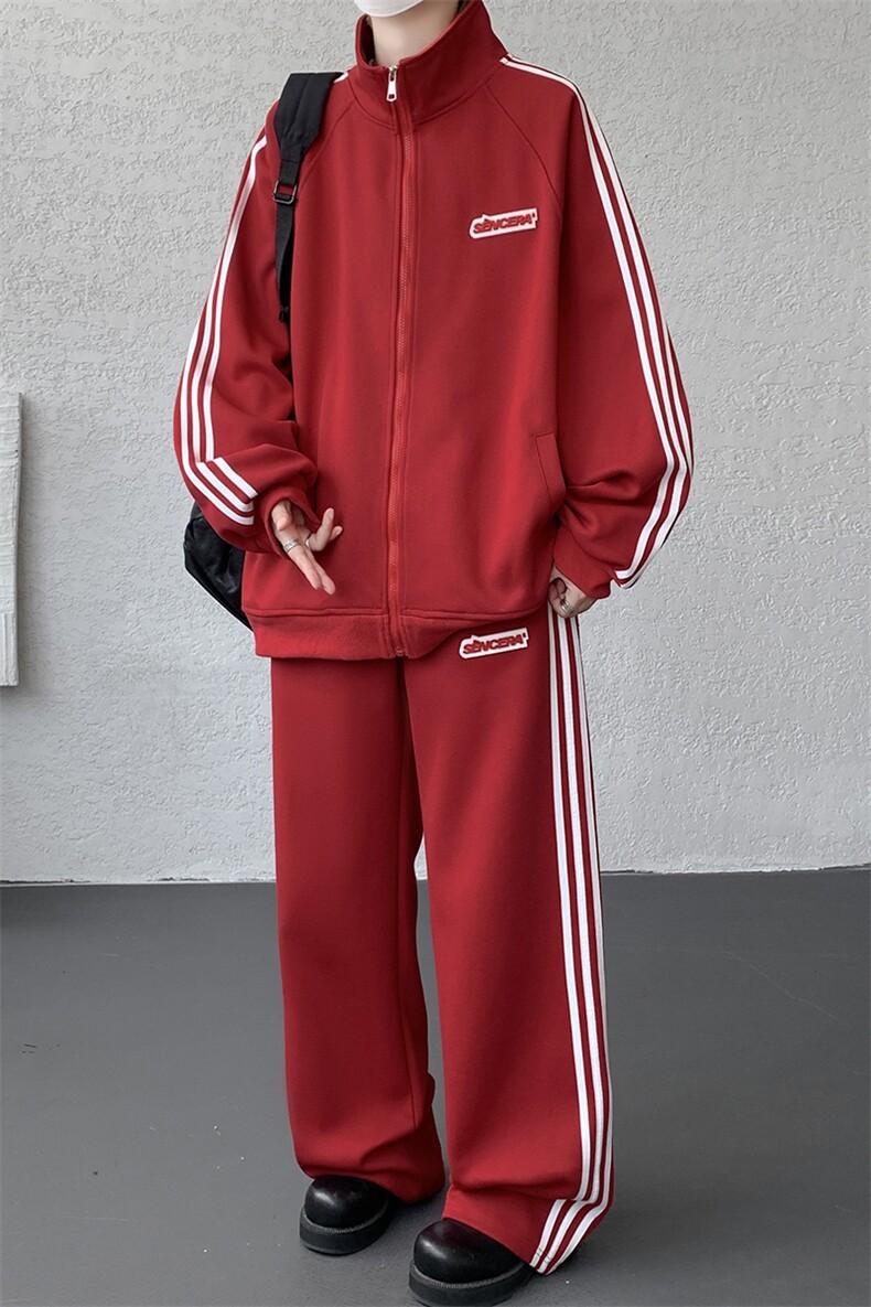 8XL-M条纹撞色开衫新年红卫衣运动套装潮牌运动服校园风TZ114P118,男装休闲套装,电商D206-1