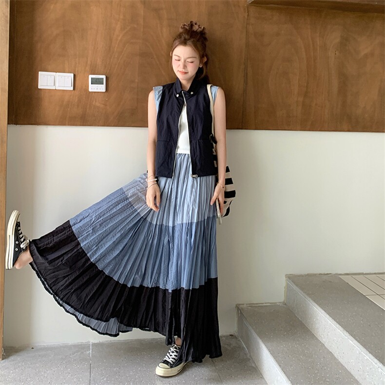 撞色拼接马甲百褶半身长裙子套装女夏2025新款时尚气质休闲两件套，女装套装/套裙，浙宝220