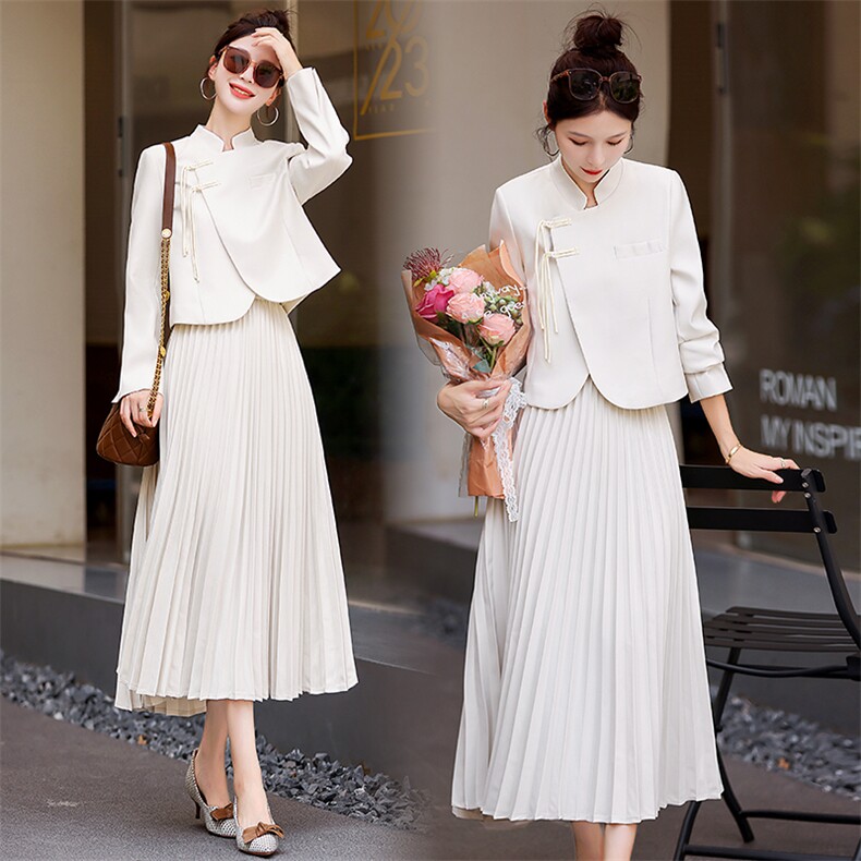 2023秋季新中式复古盘扣白色两件套半身裙套装女高级感，女装套装/套裙，曼娅璐