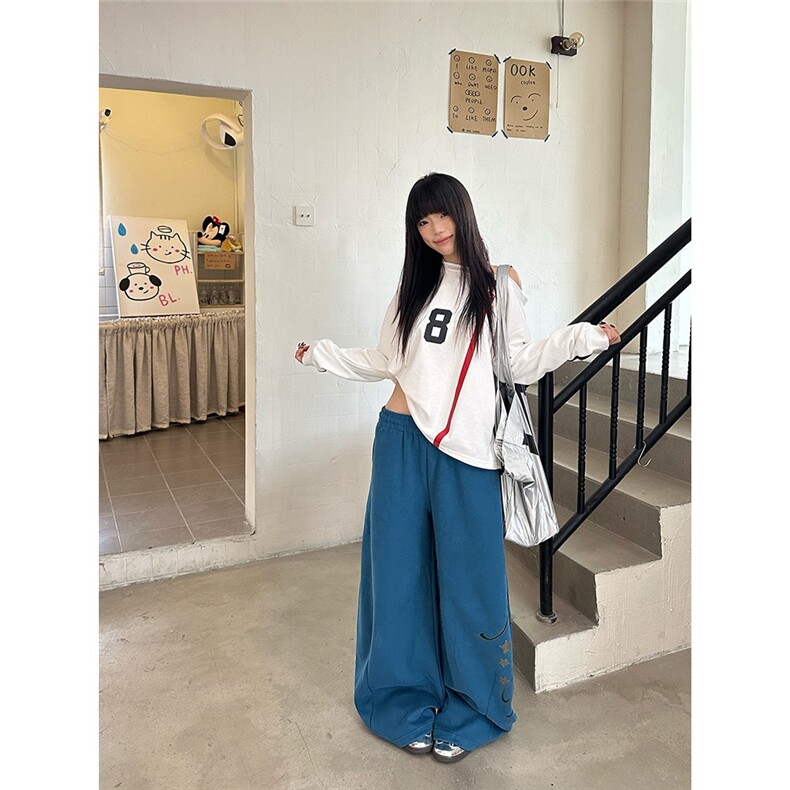 美式慵懒风侧边字母印花松紧腰休闲裤男女宽松垂感百搭长裤,女装休闲裤,星座1210-1