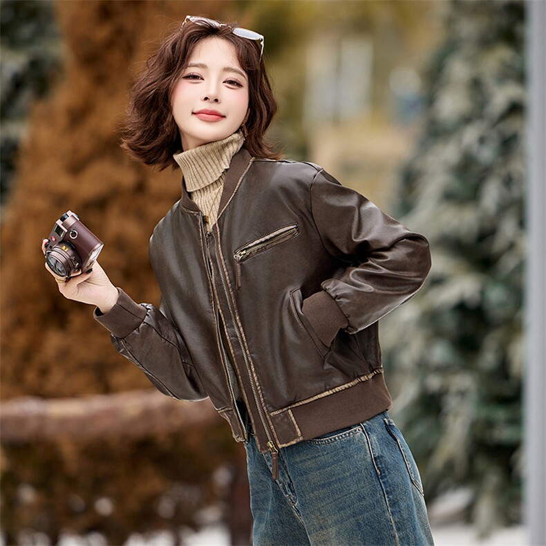 2025年冬季时尚潮流新款现货加绒保暖皮衣外套,女装皮衣,臻衣坊