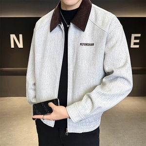 6022-M-2XL-P155店主风秋季男士休闲翻领拼色刺绣毛呢夹克外套男图片
