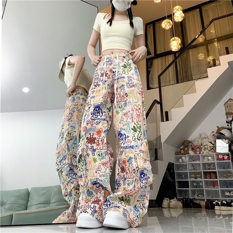 AK2350-P45卡通涂鸦印花工装阔腿裤夏季新款高腰jazz直筒休闲裤子,女装休闲裤,星座617A-2
