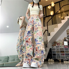 AK2350-P45卡通涂鸦印花工装阔腿裤夏季新款高腰jazz直筒休闲裤子，女装休闲裤，星座617A-2