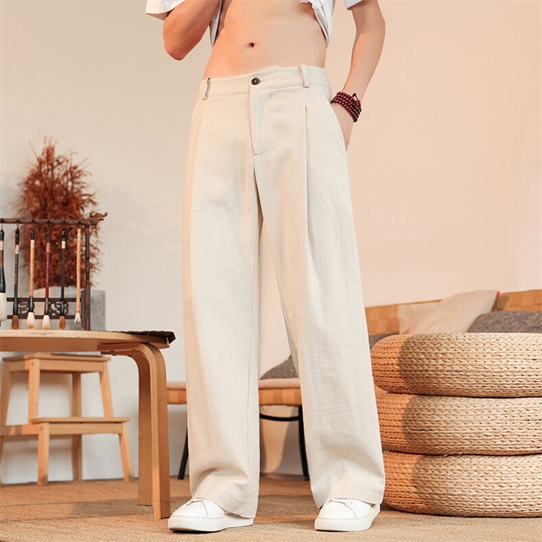 裤子亚麻西裤男士夏季宽松打褶慵懒风日系复古休闲长裤KZ069P65,男装西裤,电商B312