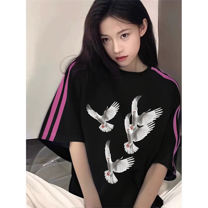 抖音得物品质二开240克宽松纯棉美式潮牌印花三条杠中性风短袖T恤,男装T恤,电商A486-1