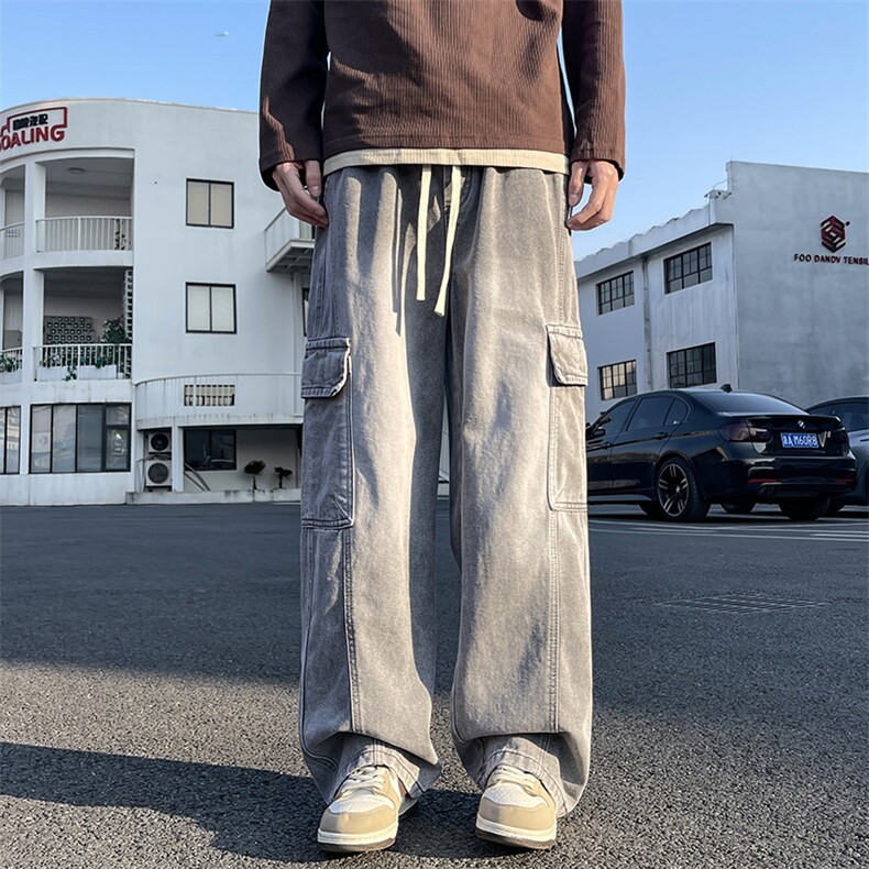 特批P50无差价春夏新款美式复古工装口袋拼接宽松阔腿裤牛仔男816,男装牛仔裤,星座1006