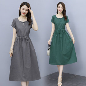棉麻连衣裙女纯色2024新款夏季气质翻领妈妈收腰遮肚短袖亚麻长裙,女装连衣裙,鑫思依格