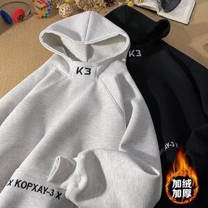 加绒加厚冬款男女连帽卫衣字母刺绣保暖休闲外套WY096 P50图片