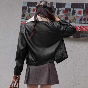现货海宁f仿真皮皮衣女加绒加厚短款2024冬季新款女士宽松皮外套