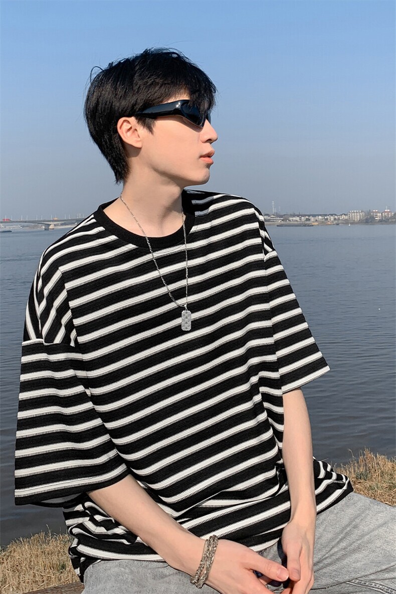 特批P30无差价夏季潮流条纹宽松圆领五分短袖T恤男百搭上衣T5085,男装T恤,电商A001-1