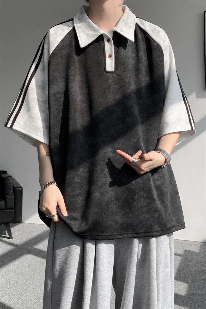 现货DX10117-特批40控78翻领撞色拼接美式插肩袖织带设计POLO衫,男装T恤,电商A059