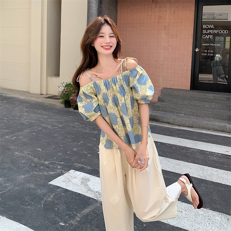 小个子法式茶歇印花一字肩上衣套装女夏新款休闲舒适阔腿裤两件套,女装套装/套裙,维壹