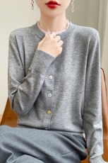 拼色圆领针织开衫女士单排扣百搭长袖上衣秋冬新款减龄懒惰风外套，女装针织衫/毛衣，源达羊绒