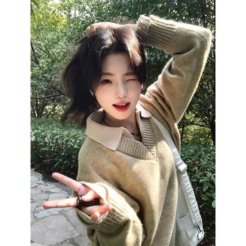 重磅北极绒假两件衬衫领毛衣美式高街复古休闲慵懒纯色翻领针织衫，男装针织衫/毛衣，电商A486-1